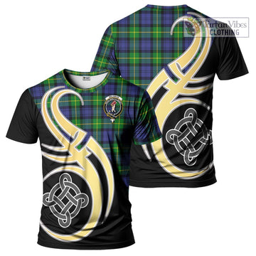 Meldrum Tartan T-Shirt with Family Crest and Celtic Symbol Style