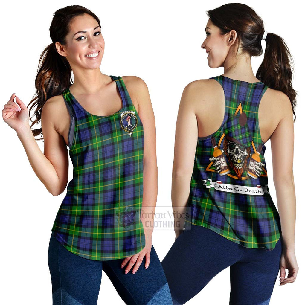 Tartan Vibes Clothing Meldrum Tartan Women's Racerback Tanks with Family Crest and Bearded Skull Holding Bottles of Whiskey