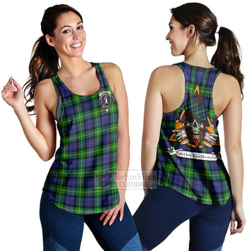 Meldrum Tartan Women's Racerback Tanks with Family Crest and Bearded Skull Holding Bottles of Whiskey