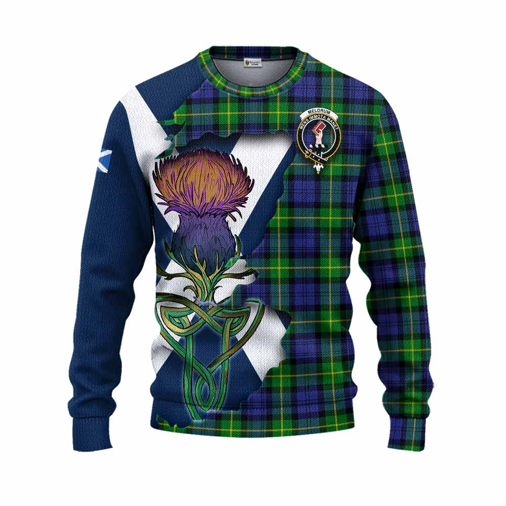 Meldrum Tartan Family Crest Knitted Sweater Scottish Thistle Celtic Inspired Unisex - Tartan Vibes Clothing