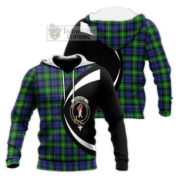 Meldrum Tartan Knitted Hoodie with Family Crest Circle Style