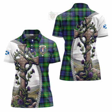 Meldrum Tartan Women's Polo Shirt with Family Crest and St. Andrew's Cross Accented by Thistle Vines