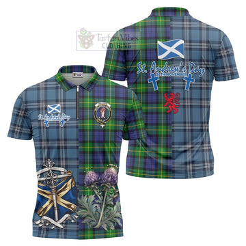 Meldrum Tartan Zipper Polo Shirt Happy St. Andrew's Day Half Tartan Style Unisex - Tartan Vibes Clothing