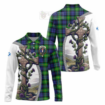 Meldrum Tartan Long Sleeve Polo Shirt with Family Crest and St. Andrew's Cross Accented by Thistle Vines Unisex - Tartan Vibes Clothing