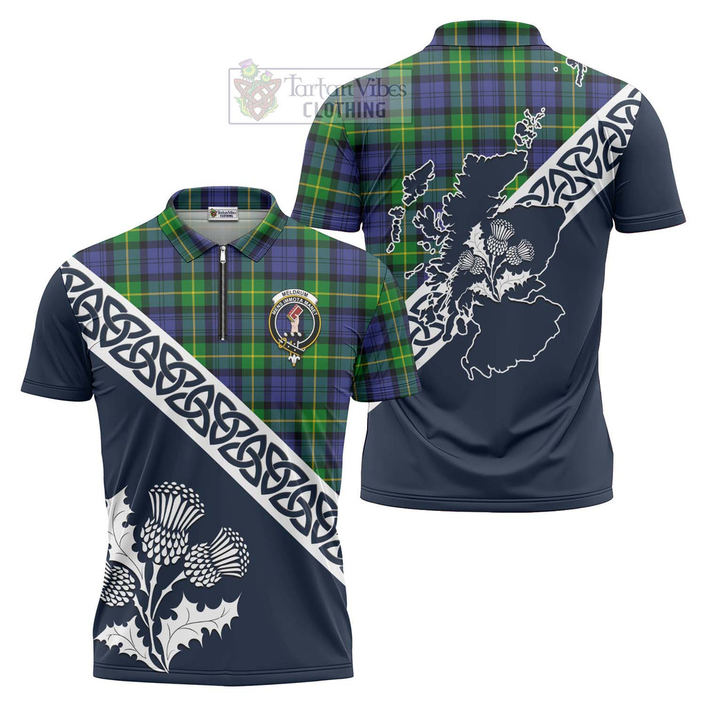 Meldrum Tartan Zipper Polo Shirt Featuring Thistle and Scotland Map Unisex - Tartanvibesclothing Store