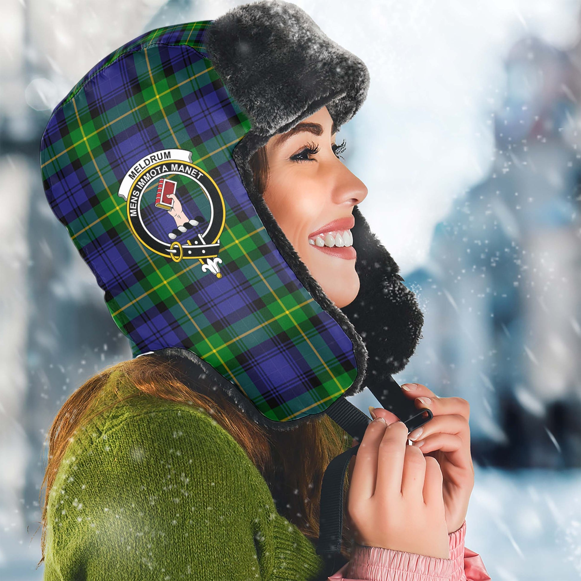 Meldrum Tartan Winter Trapper Hat with Family Crest Winter Trapper Hat Universal Fit Circumference 22.8in (58cm) - Tartanvibesclothing