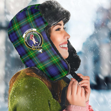 Meldrum Tartan Winter Trapper Hat with Family Crest