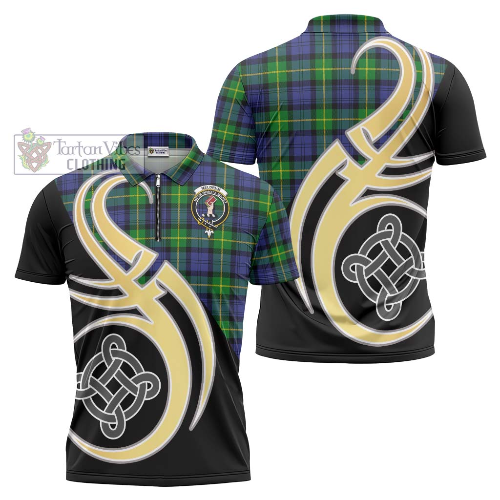 Tartan Vibes Clothing Meldrum Tartan Zipper Polo Shirt with Family Crest and Celtic Symbol Style