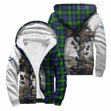 Meldrum Tartan Sherpa Hoodie with Family Crest and St. Andrew's Cross Accented by Thistle Vines