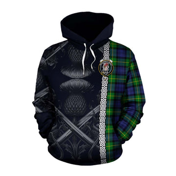 Meldrum Tartan Cotton Hoodie with Family Crest Cross Sword Thistle Celtic Vibes Pullover Hoodie XS - Tartan Vibes Clothing