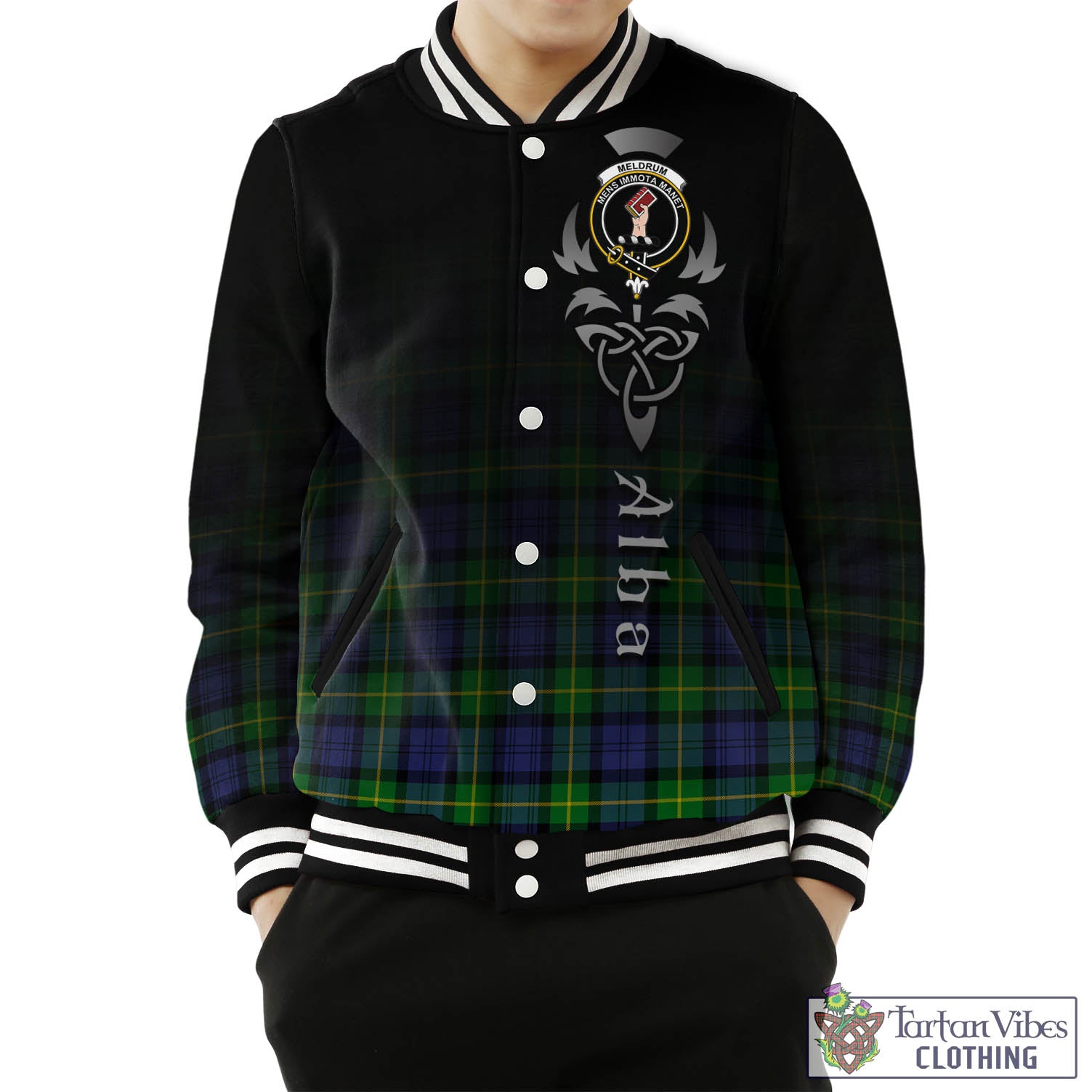 Tartan Vibes Clothing Meldrum Tartan Baseball Jacket Featuring Alba Gu Brath Family Crest Celtic Inspired