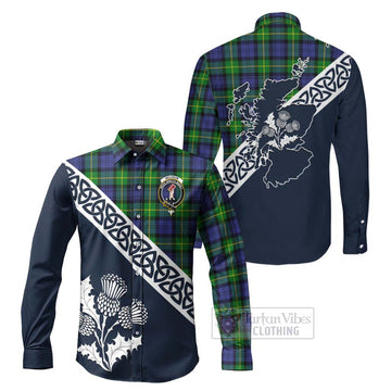 Meldrum Tartan Long Sleeve Button Shirt Featuring Thistle and Scotland Map