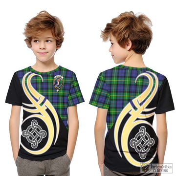 Meldrum Tartan Kid T-Shirt with Family Crest and Celtic Symbol Style