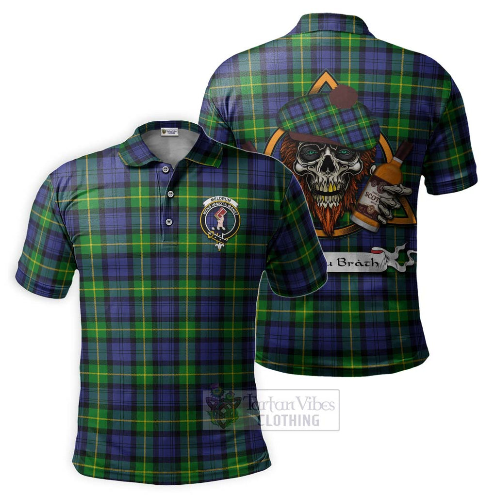 Tartan Vibes Clothing Meldrum Tartan Polo Shirt with Family Crest and Bearded Skull Holding Bottles of Whiskey