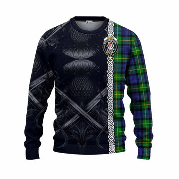 Meldrum Tartan Knitted Sweater with Family Crest Cross Sword Thistle Celtic Vibes Unisex - Tartan Vibes Clothing