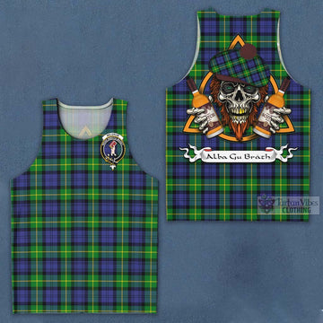 Meldrum Tartan Men's Tank Top with Family Crest and Bearded Skull Holding Bottles of Whiskey