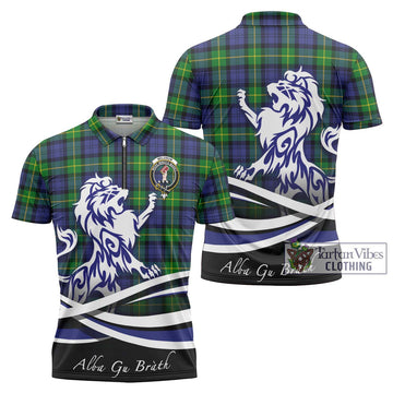 Meldrum Tartan Zipper Polo Shirt with Alba Gu Brath Regal Lion Emblem Unisex - Tartan Vibes Clothing