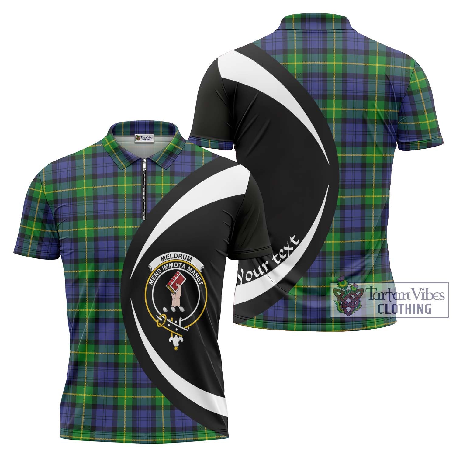 Tartan Vibes Clothing Meldrum Tartan Zipper Polo Shirt with Family Crest Circle Style