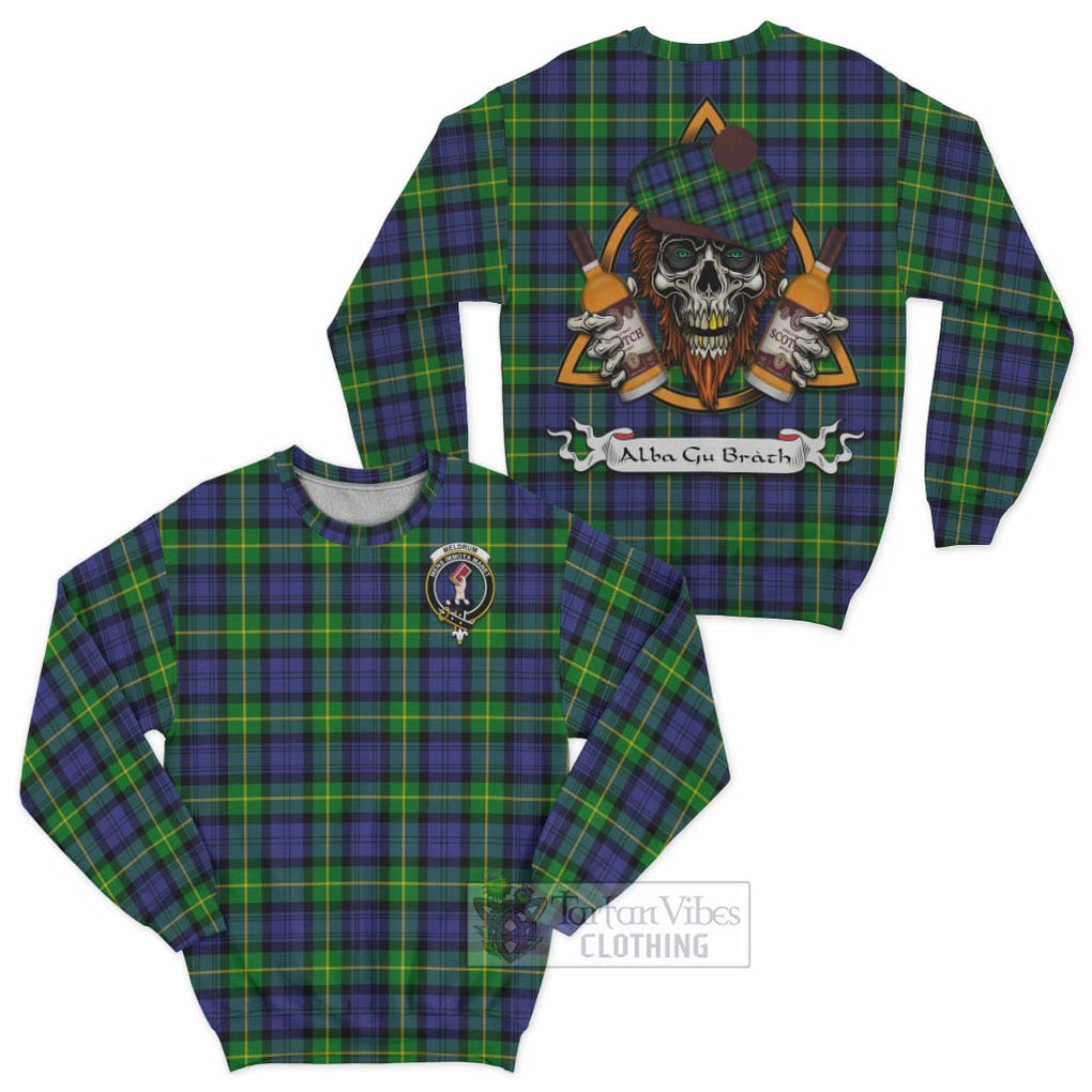 Tartan Vibes Clothing Meldrum Tartan Sweatshirt with Family Crest and Bearded Skull Holding Bottles of Whiskey