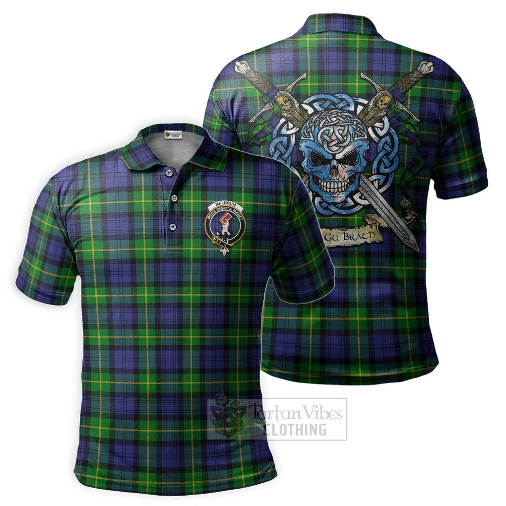 Tartan Vibes Clothing Meldrum Tartan Polo Shirt with Family Crest Celtic Skull Style