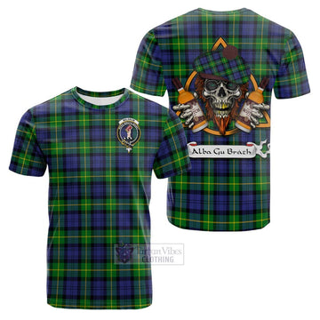 Meldrum Tartan Cotton T-shirt with Family Crest and Bearded Skull Holding Bottles of Whiskey Kid's Shirt - Tartan Vibes Clothing