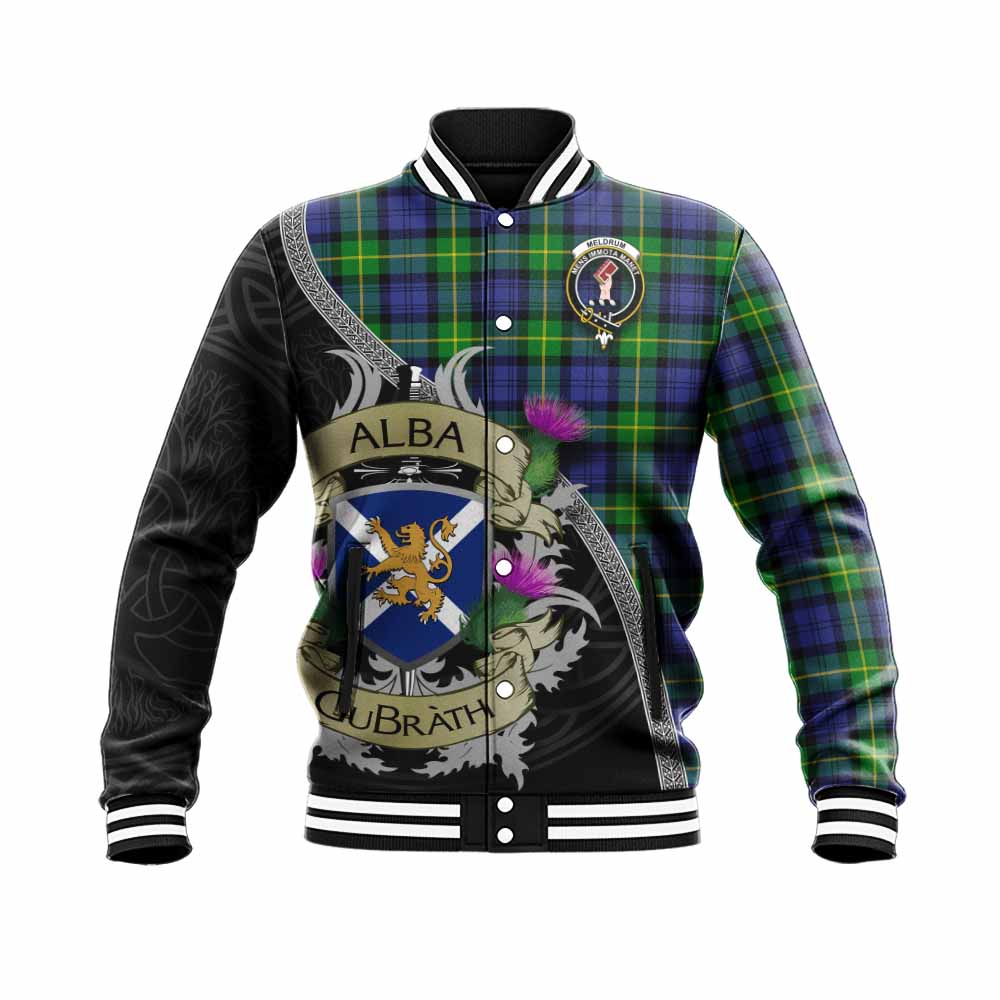 Meldrum Tartan Family Crest Baseball Jacket Lion Rampant Royal Thistle Shield Celtic Inspired Unisex - Tartan Vibes Clothing
