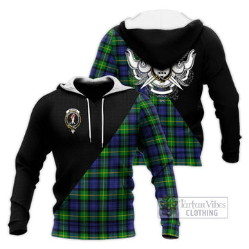 Meldrum Tartan Knitted Hoodie with Family Crest and Military Logo Style