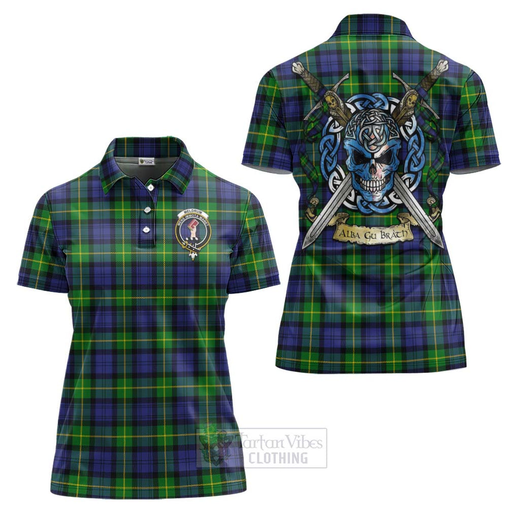 Tartan Vibes Clothing Meldrum Tartan Women's Polo Shirt with Family Crest Celtic Skull Style