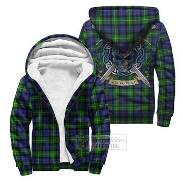 Meldrum Tartan Sherpa Hoodie with Family Crest Celtic Skull Style