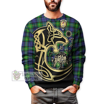 Meldrum Tartan Sweatshirt with Family Crest Celtic Wolf Style