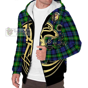 Meldrum Tartan Sherpa Hoodie with Family Crest Celtic Wolf Style