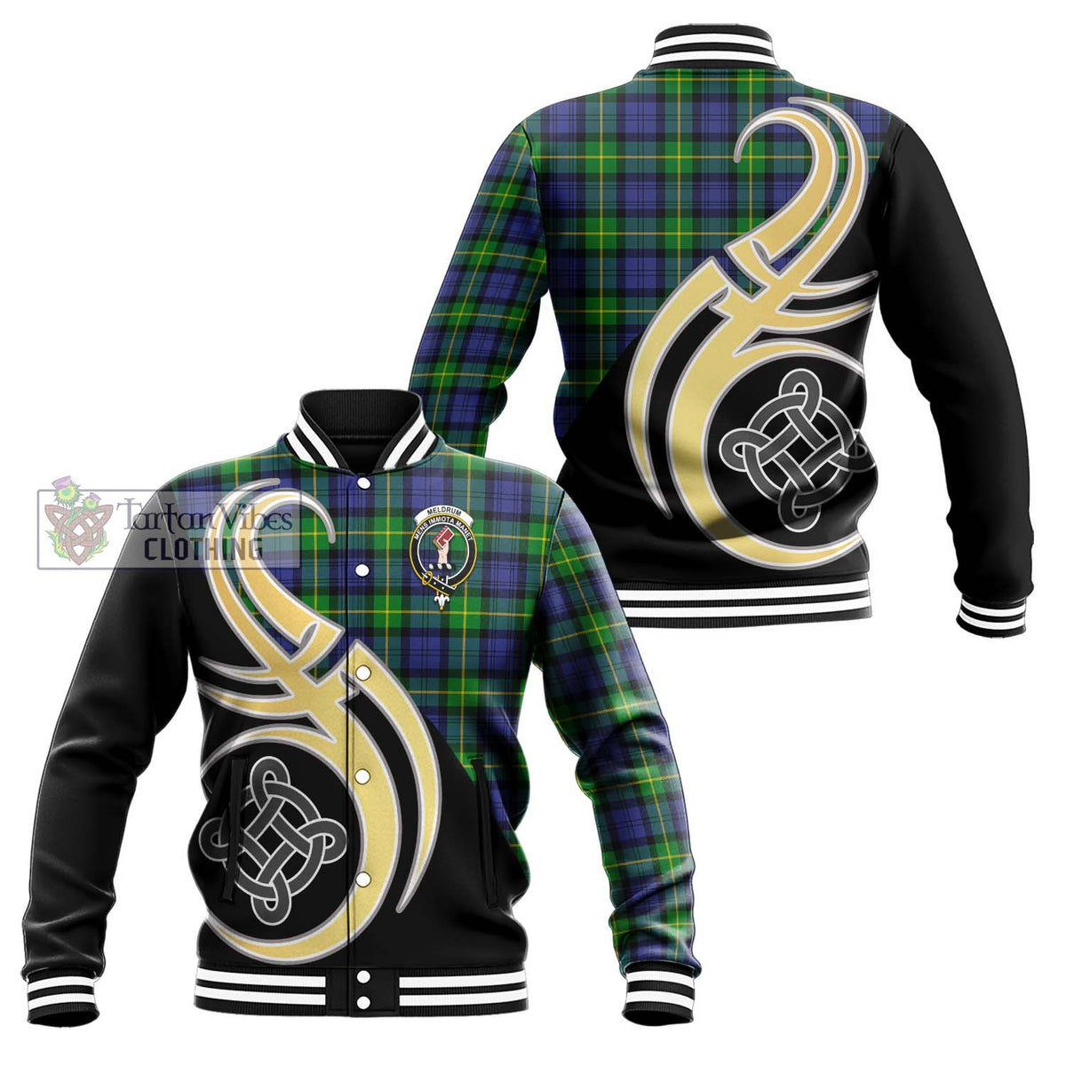 Meldrum Tartan Baseball Jacket with Family Crest and Celtic Symbol Style Unisex - Tartan Vibes Clothing