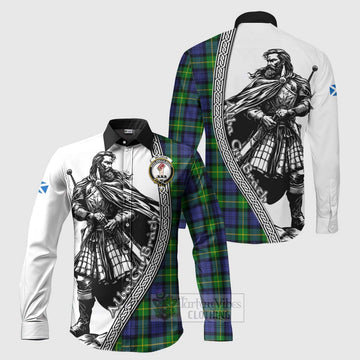 Meldrum Tartan Clan Crest Long Sleeve Button Shirt with Highlander Warrior Celtic Style