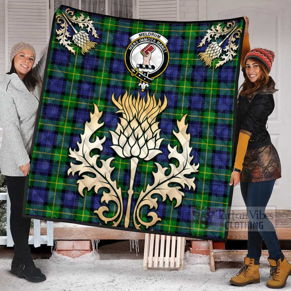 Tartan Vibes Clothing Meldrum Tartan Quilt with Family Crest and Golden Thistle Style