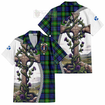 Meldrum Tartan Hawaiian Shirt with Family Crest and St. Andrew's Cross Accented by Thistle Vines Kid - Tartan Vibes Clothing