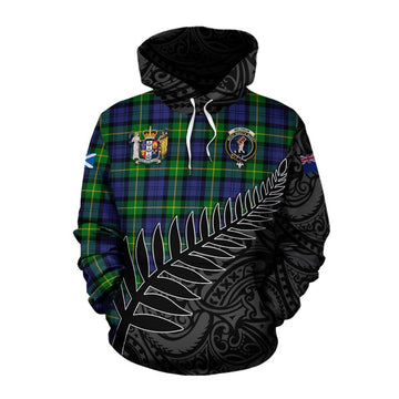 Meldrum Crest Tartan Cotton Hoodie with New Zealand Silver Fern Half Style Pullover Hoodie XS - Tartan Vibes Clothing