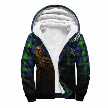 Meldrum Crest Tartan Sherpa Hoodie with Golden Lion Emblem Celtic Style Unisex S - Tartan Vibes Clothing