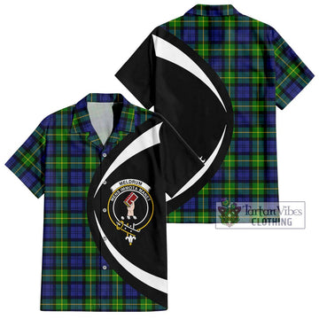 Meldrum Tartan Short Sleeve Button Up with Family Crest Circle Style