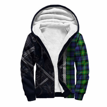 Meldrum Tartan Sherpa Hoodie with Family Crest Cross Sword Thistle Celtic Vibes