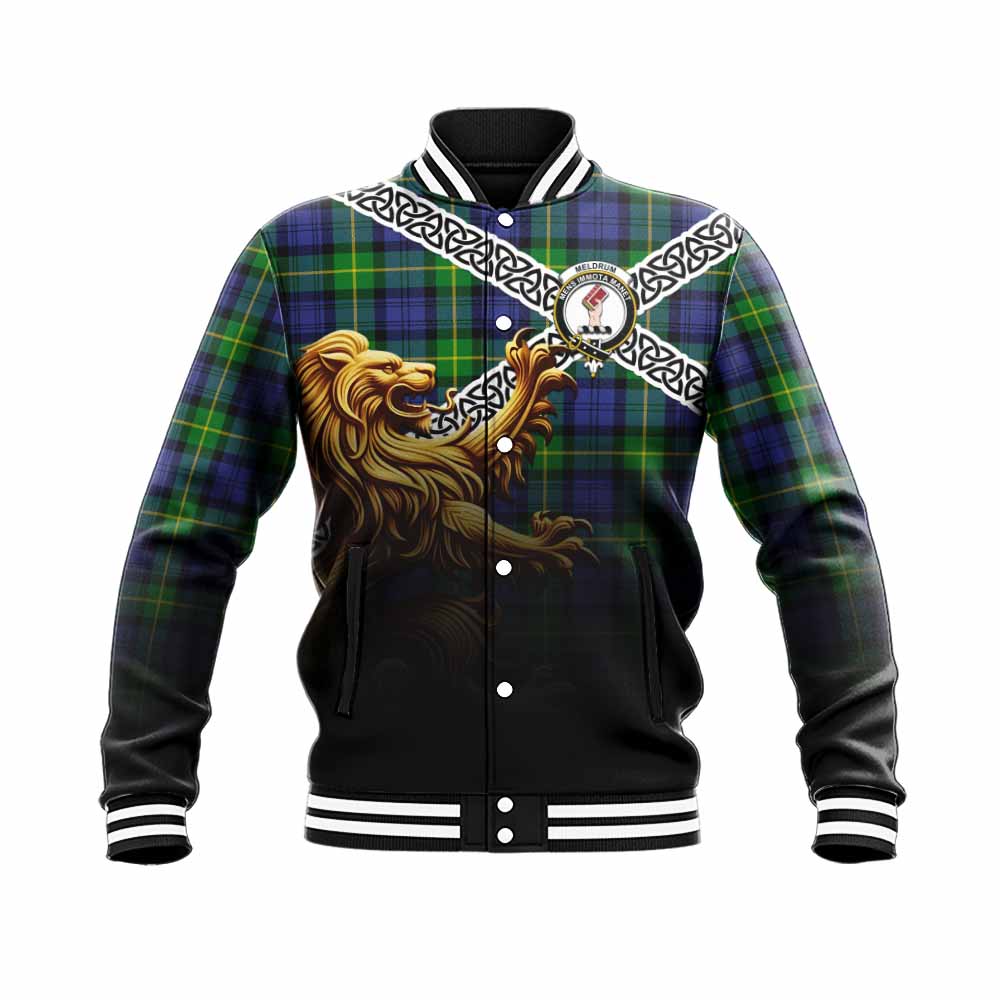 Meldrum Crest Tartan Baseball Jacket with Golden Lion Emblem Celtic Style Unisex - Tartan Vibes Clothing