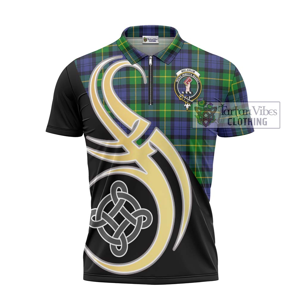 Tartan Vibes Clothing Meldrum Tartan Zipper Polo Shirt with Family Crest and Celtic Symbol Style