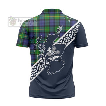 Meldrum Tartan Zipper Polo Shirt Featuring Thistle and Scotland Map - Tartanvibesclothing Store