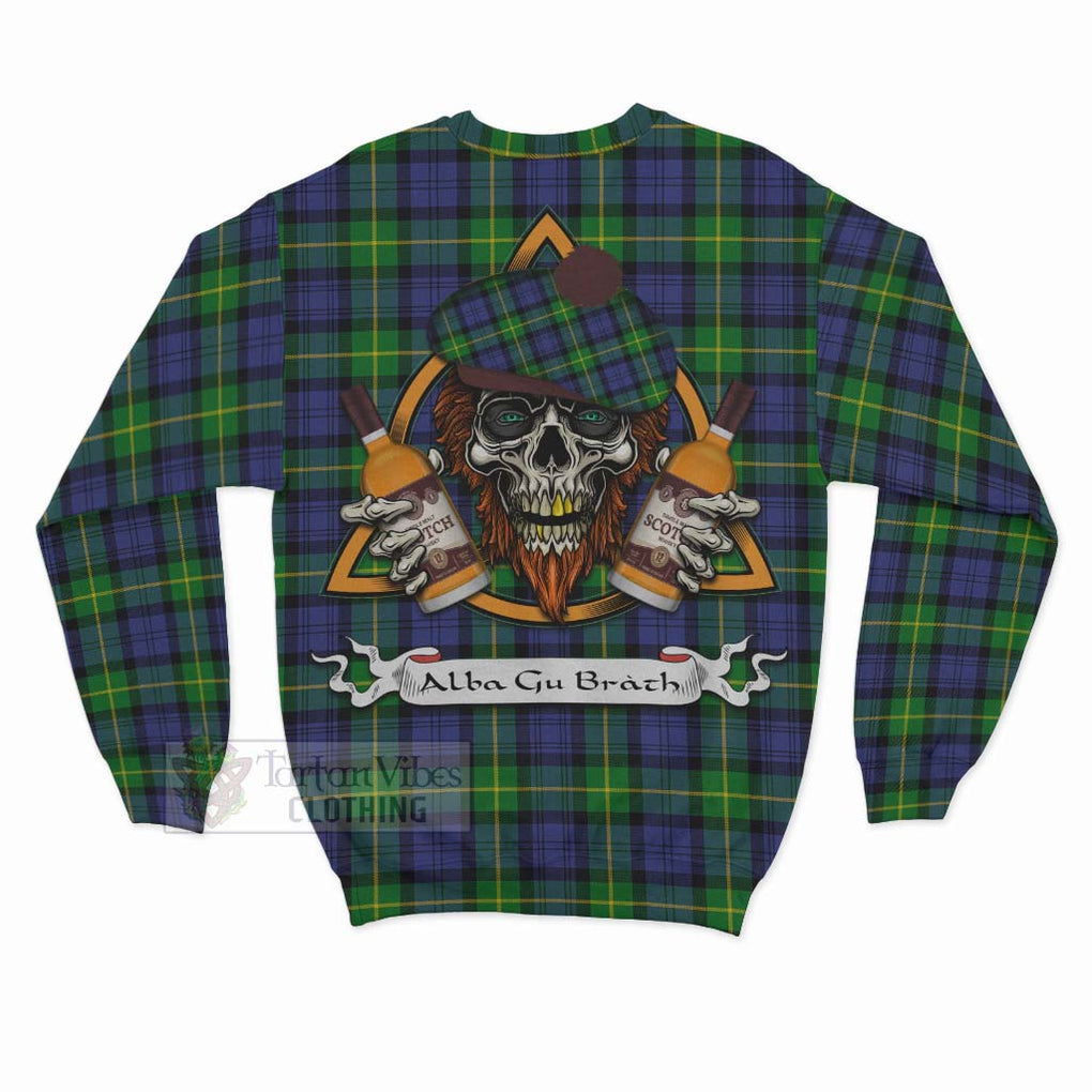 Tartan Vibes Clothing Meldrum Tartan Sweatshirt with Family Crest and Bearded Skull Holding Bottles of Whiskey