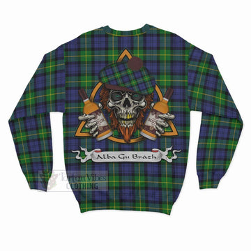 Meldrum Tartan Sweatshirt with Family Crest and Bearded Skull Holding Bottles of Whiskey