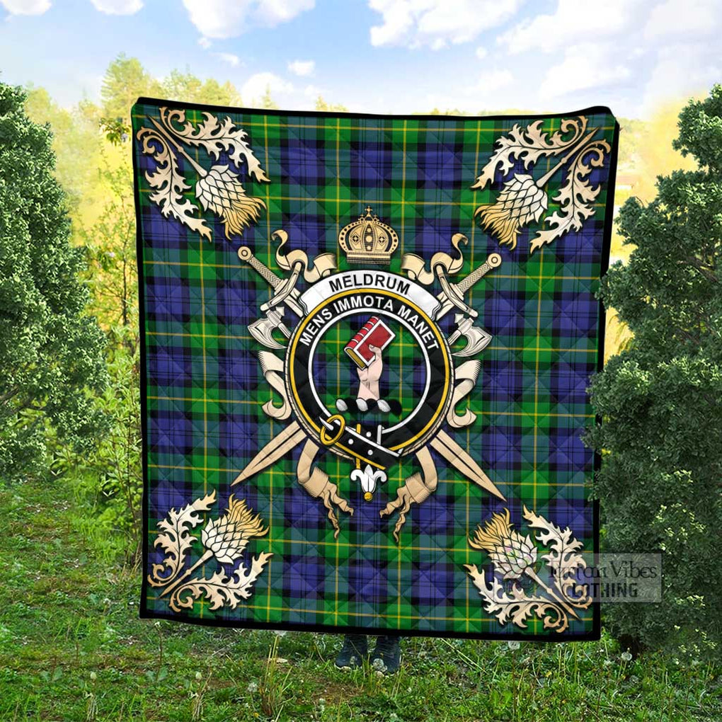 Tartan Vibes Clothing Meldrum Tartan Quilt with Family Crest and Scottish Golden Courage Shield