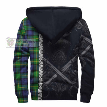 Meldrum Tartan Sherpa Hoodie with Family Crest Cross Sword Thistle Celtic Vibes