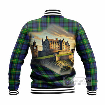 Meldrum Tartan Family Crest Baseball Jacket with Scottish Ancient Castle Style - Tartan Vibes Clothing