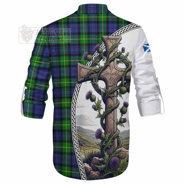 Meldrum Tartan Ghillie Kilt Shirt with Family Crest and St. Andrew's Cross Accented by Thistle Vines - Tartan Vibes Clothing