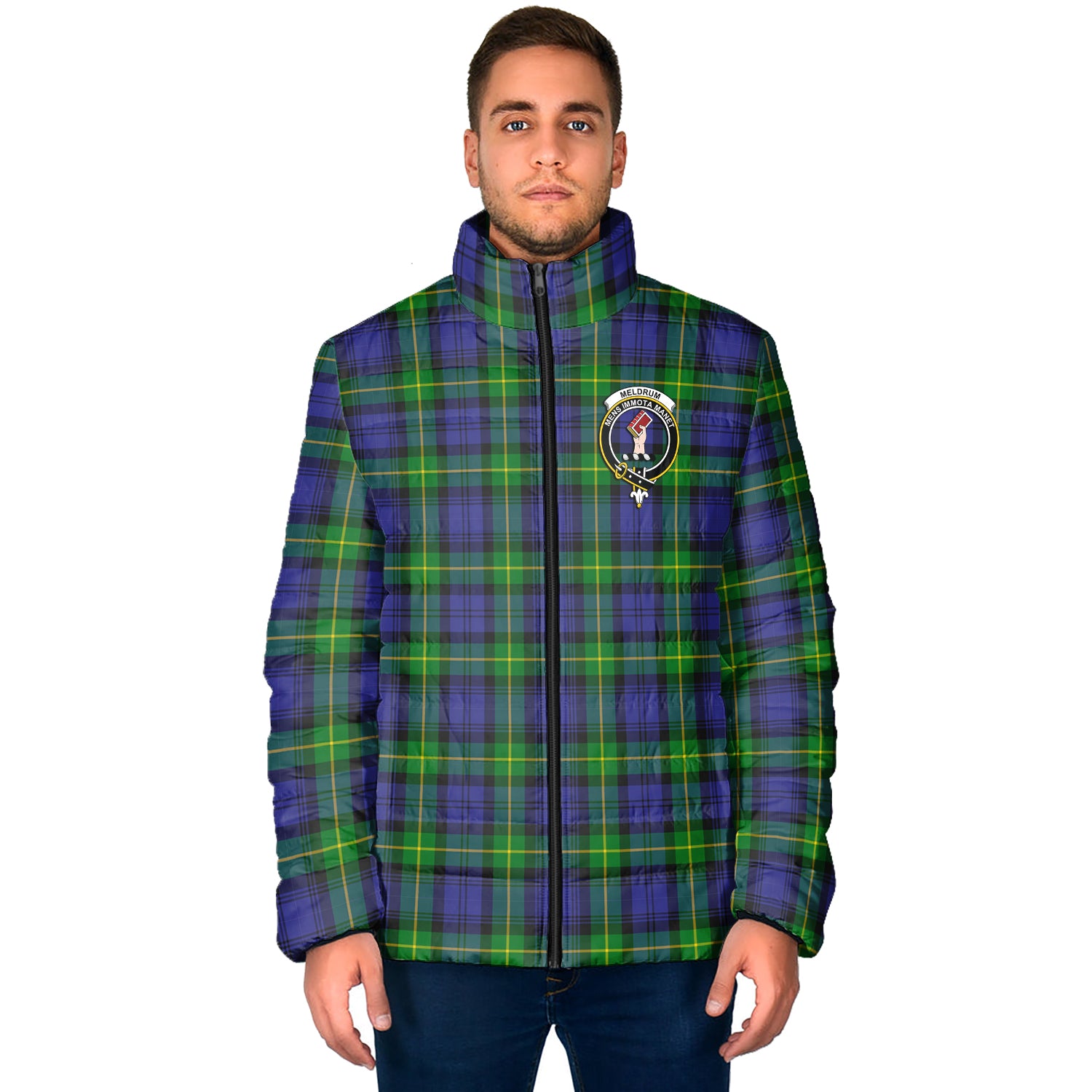 Meldrum Tartan Padded Jacket with Family Crest - Tartanvibesclothing