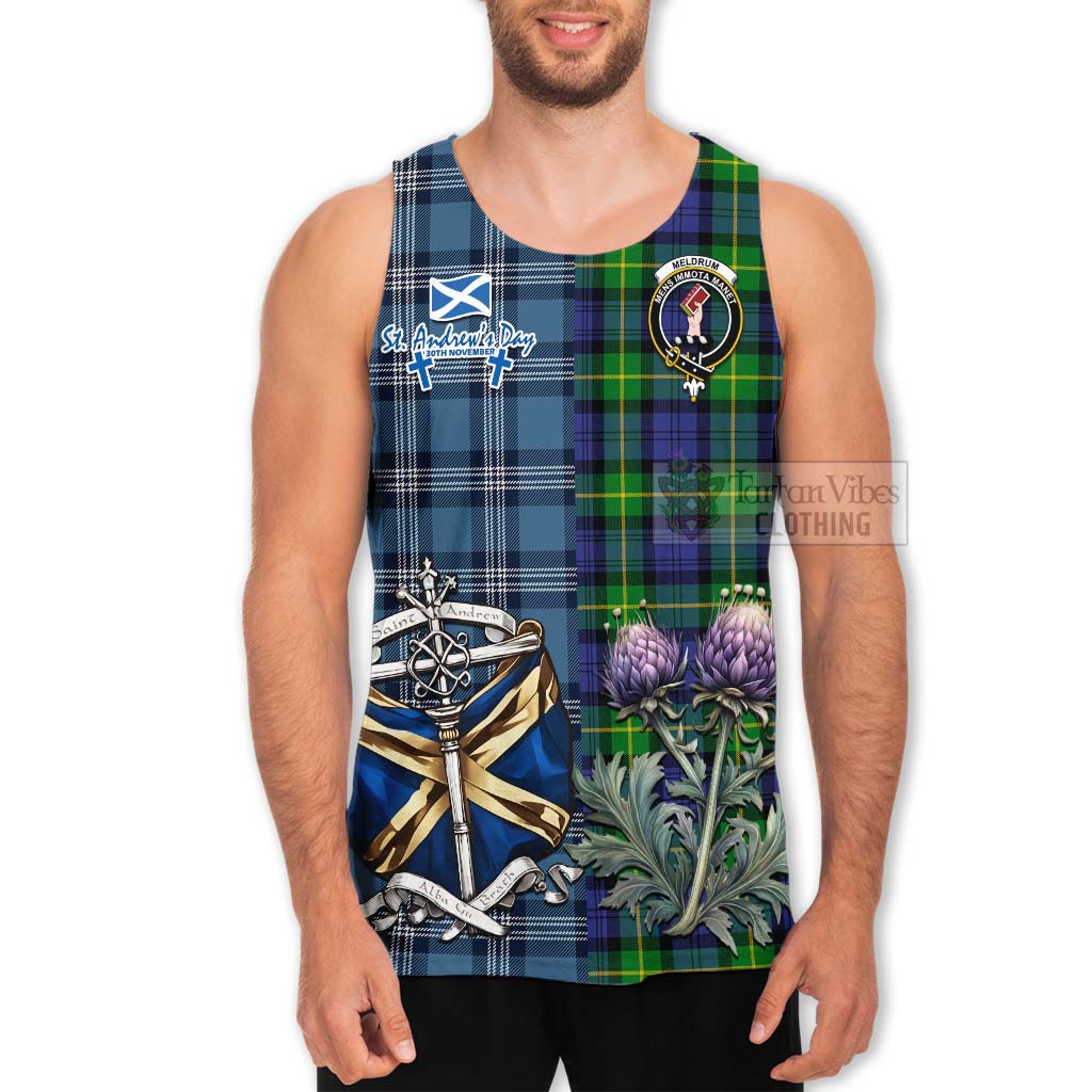 Tartan Vibes Clothing Meldrum Tartan Men's Tank Top Happy St. Andrew's Day Half Tartan Style